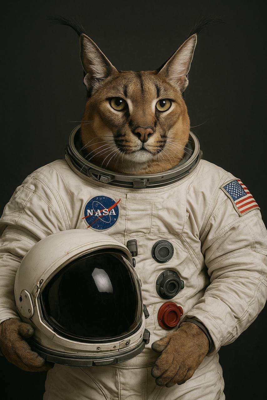 A caracal in a NASA spacesuit holding a helmet