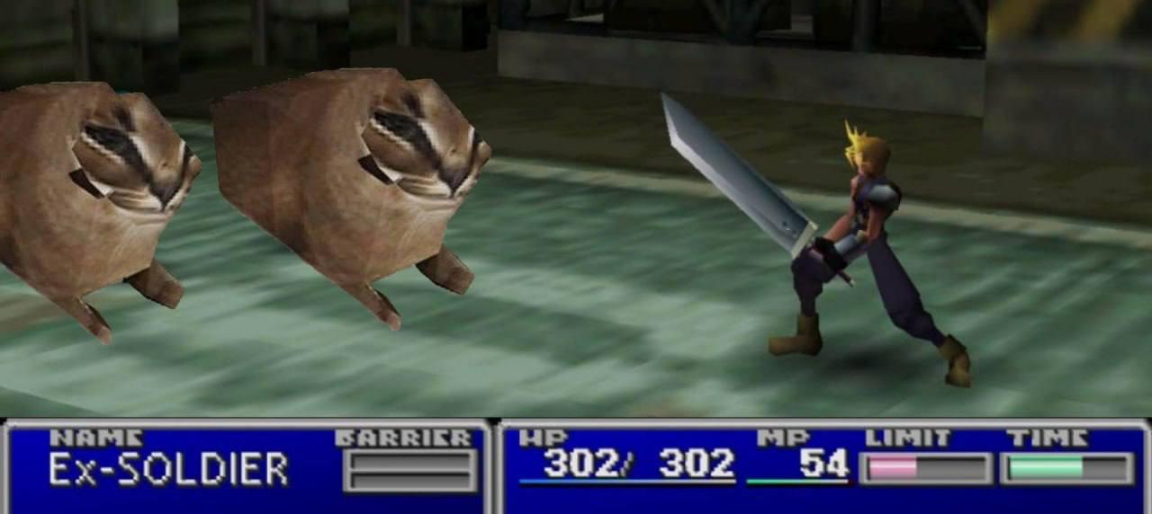 Two low-poly Floppas in a retro RPG battle